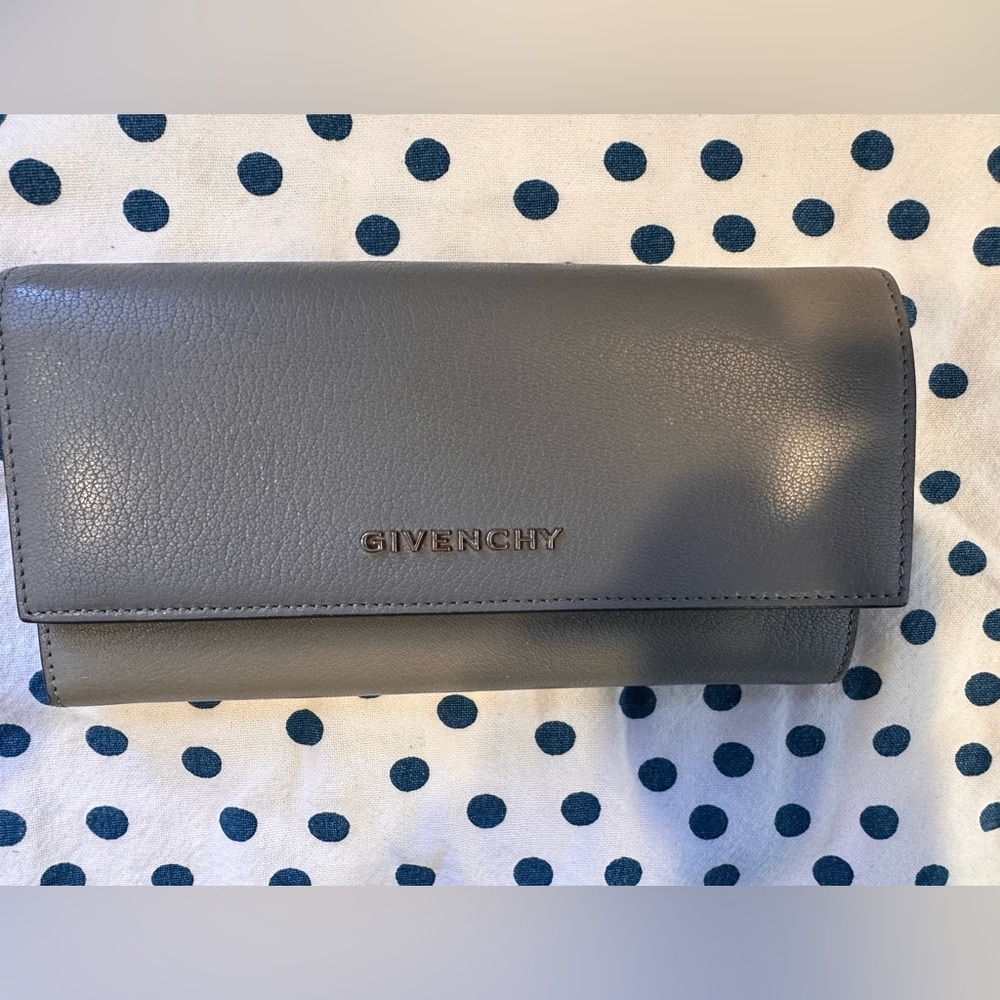 GIVENCHY ladies gray long wallet. Silver writing. Beautiful soft leather.